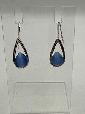 Boho Silver Blue Cats Eye Teardrop Dangle Earrings Y2K Ethereal Gorpcore Crystal